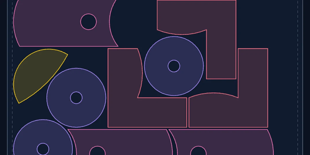 Close-up of a nested sheet: discs with round bores tucked between L-plates, a cam lobe with a smooth curved back, and brackets whose arc edges hug the neighboring discs, all rendered as true curves.
